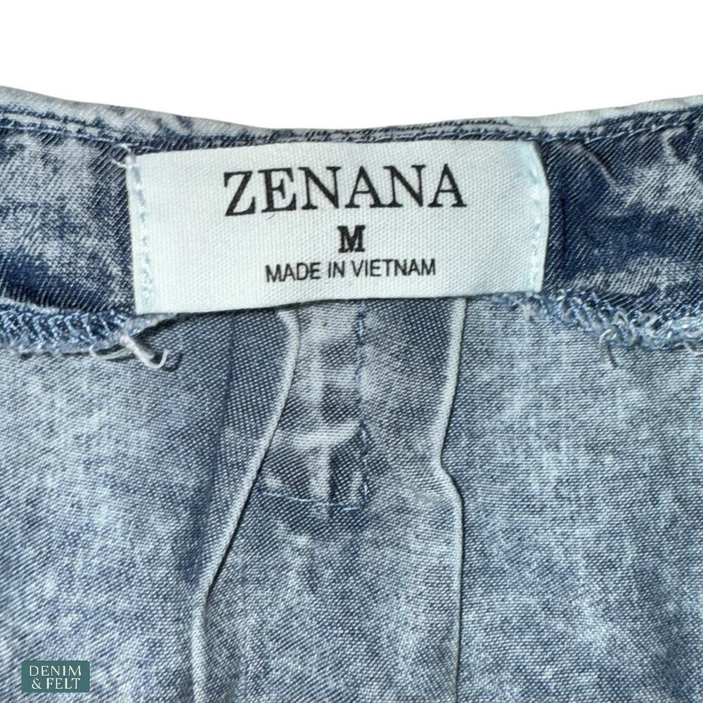 NEW Zenana Acid Wash Smocked Waist Puff Sleeve Denim Style Crop Top Modern Boho‎ - Picture 15 of 16